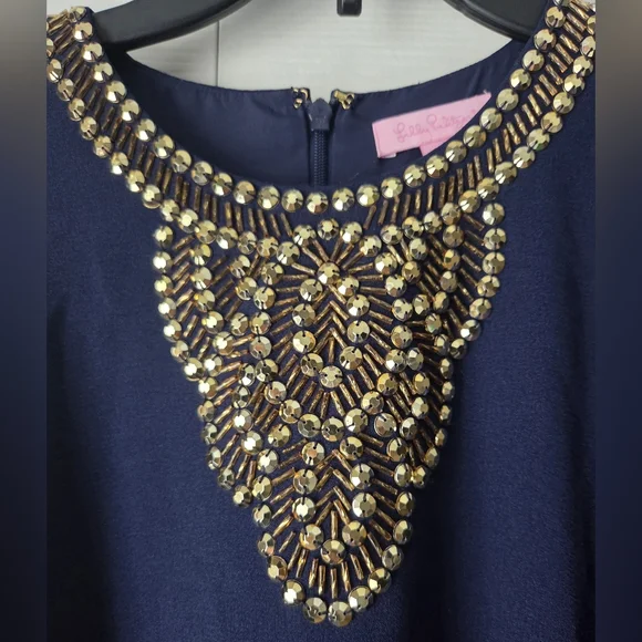 Lilly Pulitzer Navy Blue Embellished Neckline A-Line Trapeze Dress XS. Like new. - Picture 4 of 12
